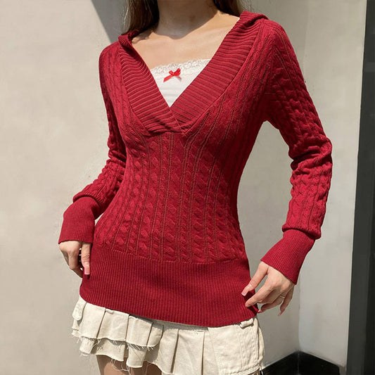 VINTAGE SOLID COLOR DARK V-NECK HOODED SWEATER