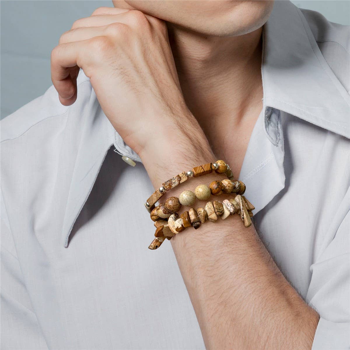 CWAJE3882_RECTANGULAR STONE BEADS THREE-PIECE BRACELET