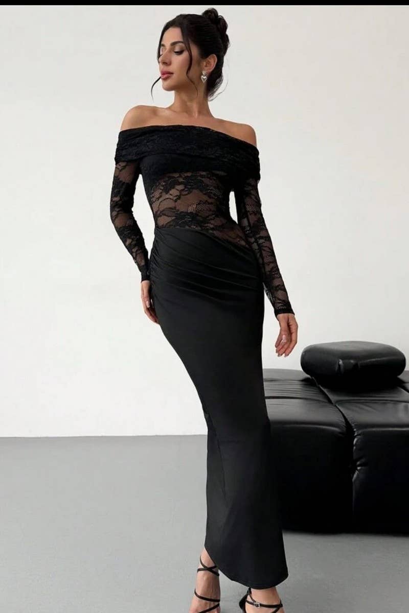CWDMD01089_OFF SHOULDER LACE SHEER LONG SLEEVE BODYCON DRESS