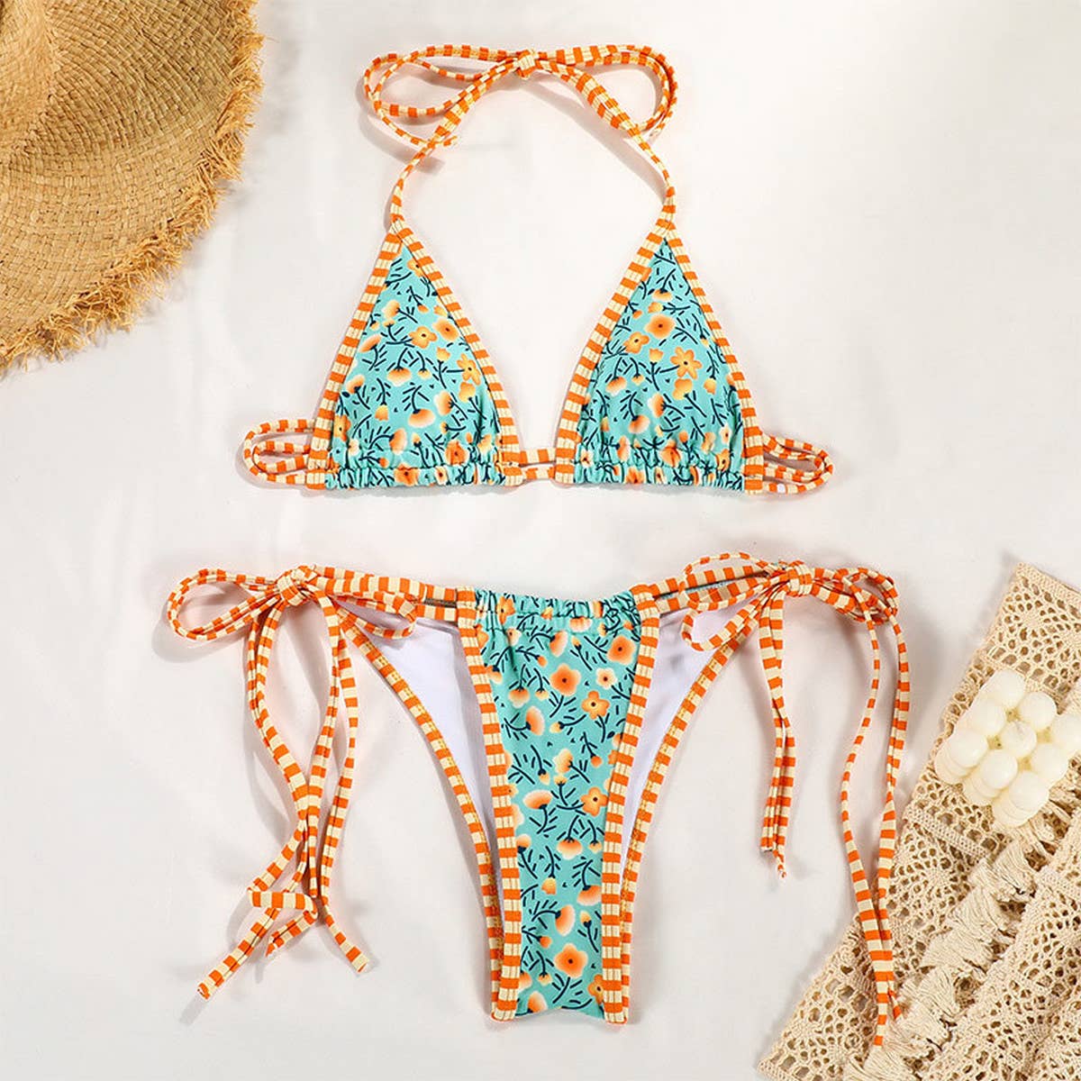 CONTRAST PRINT STRAPPY BIKINI SWIMSUIT