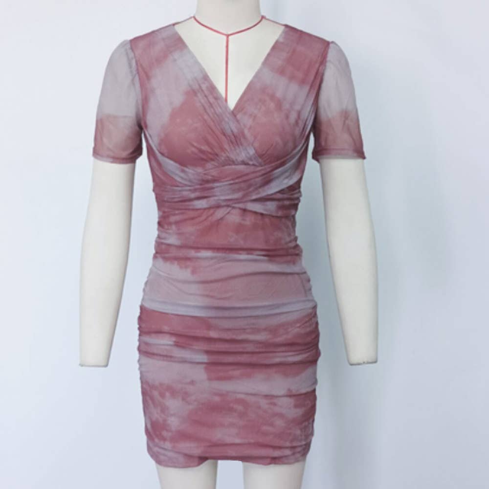 Mesh Ink Print V-Neck Bodycon Waist Dress