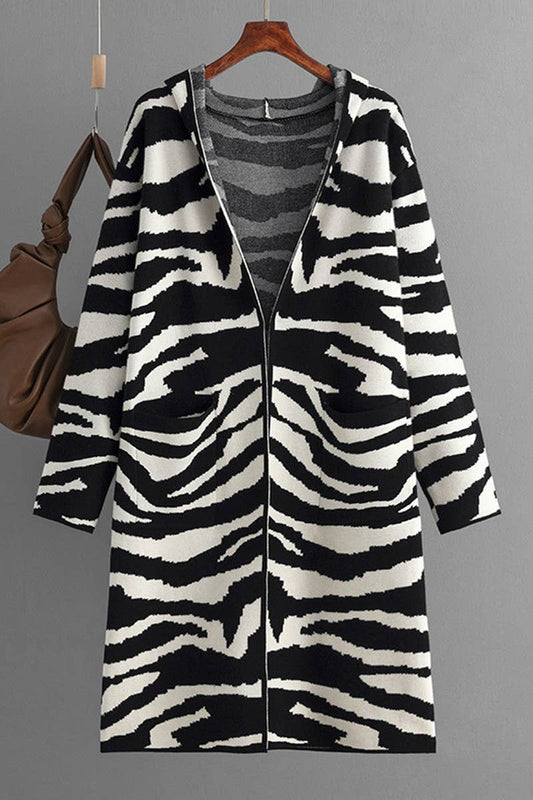 CWOCAL00679_V NECK HOODED ZEBRA PRINT LONG CARDIGAN