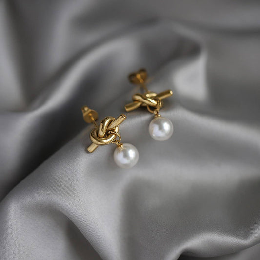 Rope Knot Grey Pearl Stud Earrings Gold White