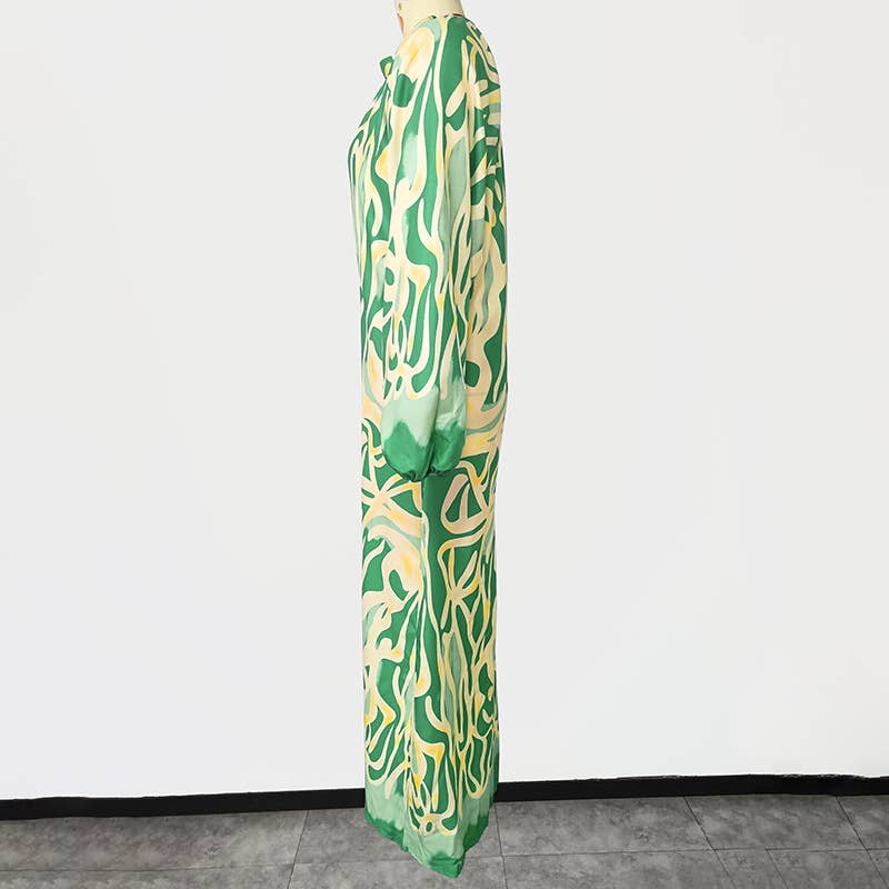 PULLOVER V-NECK PRINT LONG DRESS WITH BIG SWING