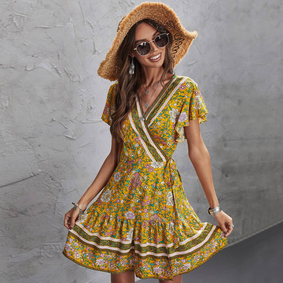 PRINTED V-NECK SWING SHORT-SLEEVED DRESS