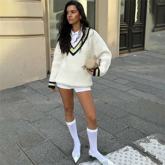 V-NECK LOOSE FASHION CONTRAST CASUAL KNITWEAR