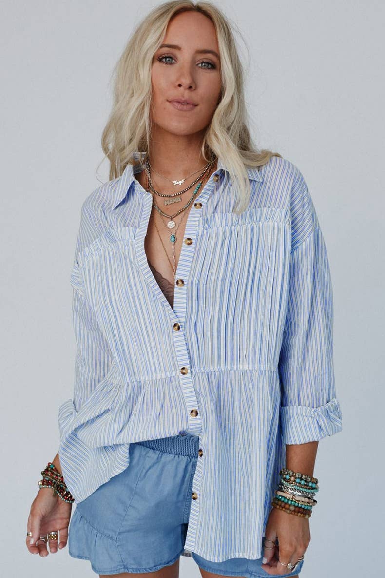 Versatile striped lapel long-sleeved shirt