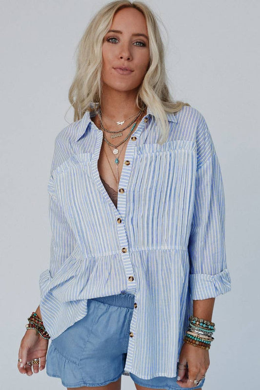 Versatile striped lapel long-sleeved shirt