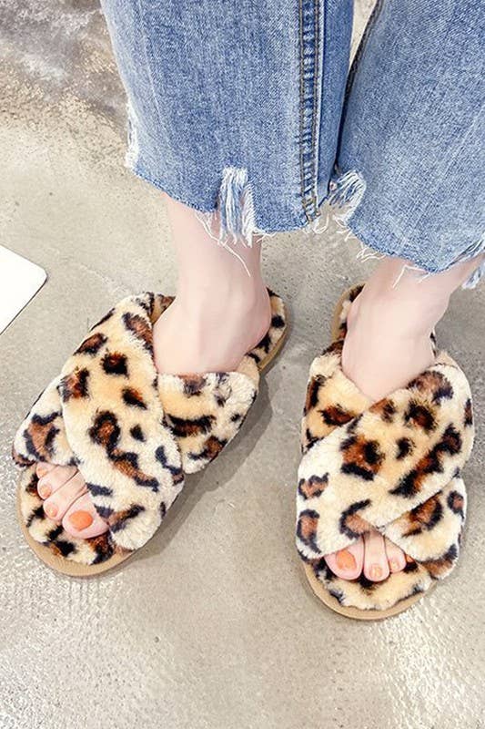 CROSS STRAP FLUFFY CASUAL SLIPPERS