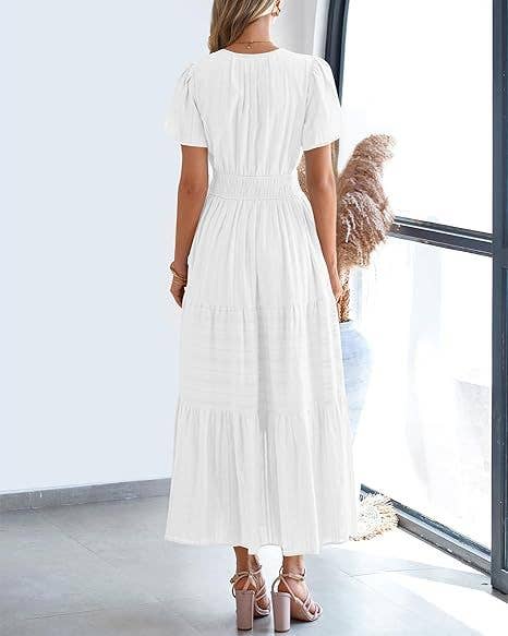 V-neck pleated puffy sleeve short sleeved dress
