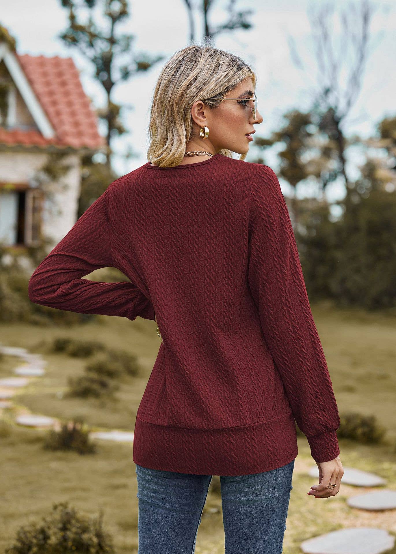 SQUARE NECK CROSS LONG SLEEVE LOOSE T-SHIRT