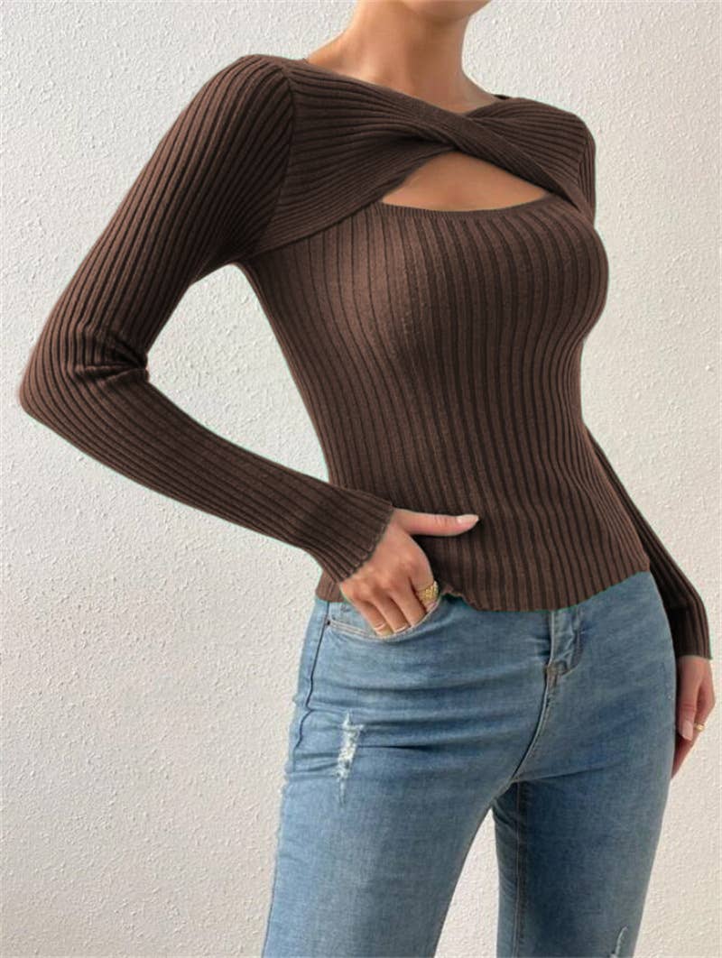 Sexy cut-out pullover solid-color knitted top