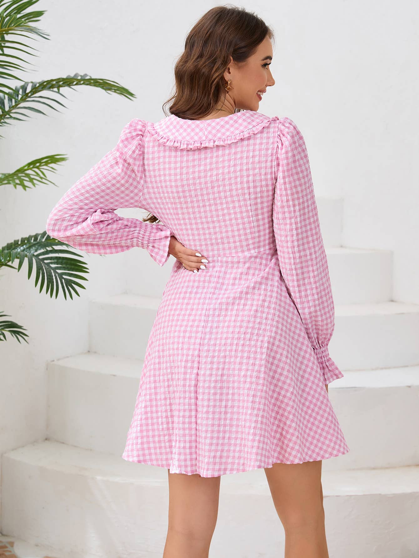 Plaid V-Neck Long Sleeve Fit and Flare Dress