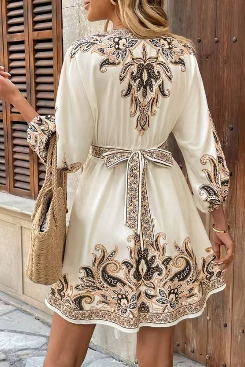 CWDSD10515_HOLIDAY STYLE V-NECK LANTERN SLEEVE PRINTED DRESS