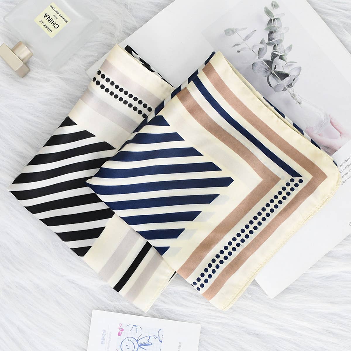 Striped Satin Square Scarf for Sun & Bag Wrap_CWASC1149