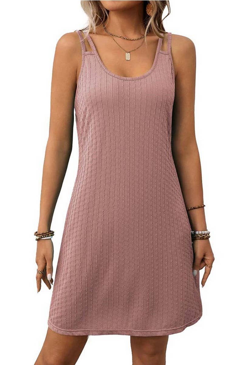 CWDSD7276_SOLID COLOR ROUND NECK SUSPENDER SLEEVELESS DRESS