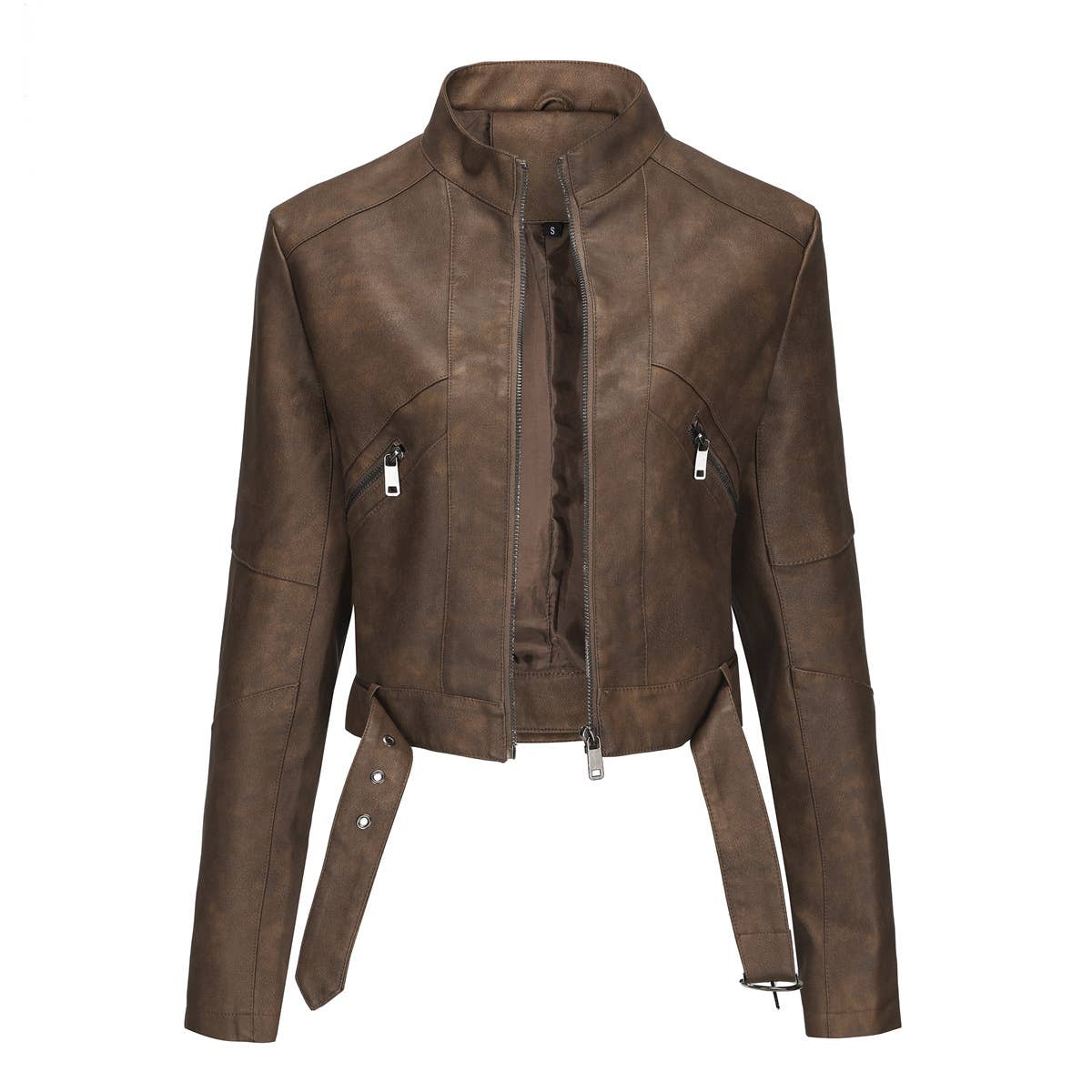 LEATHER JACKET WITH BELT AND LONG SLEEVE ZIPPER