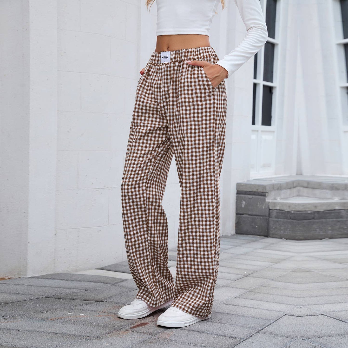Pure cotton checkered casual loose trousers