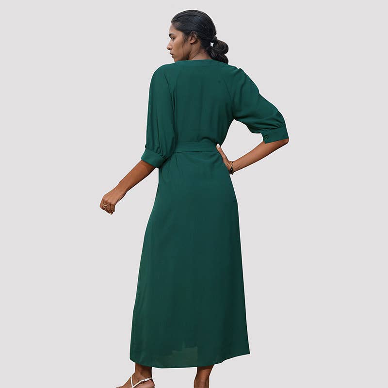 LONG MID-SLEEVED GREEN DRESS WITH BELT