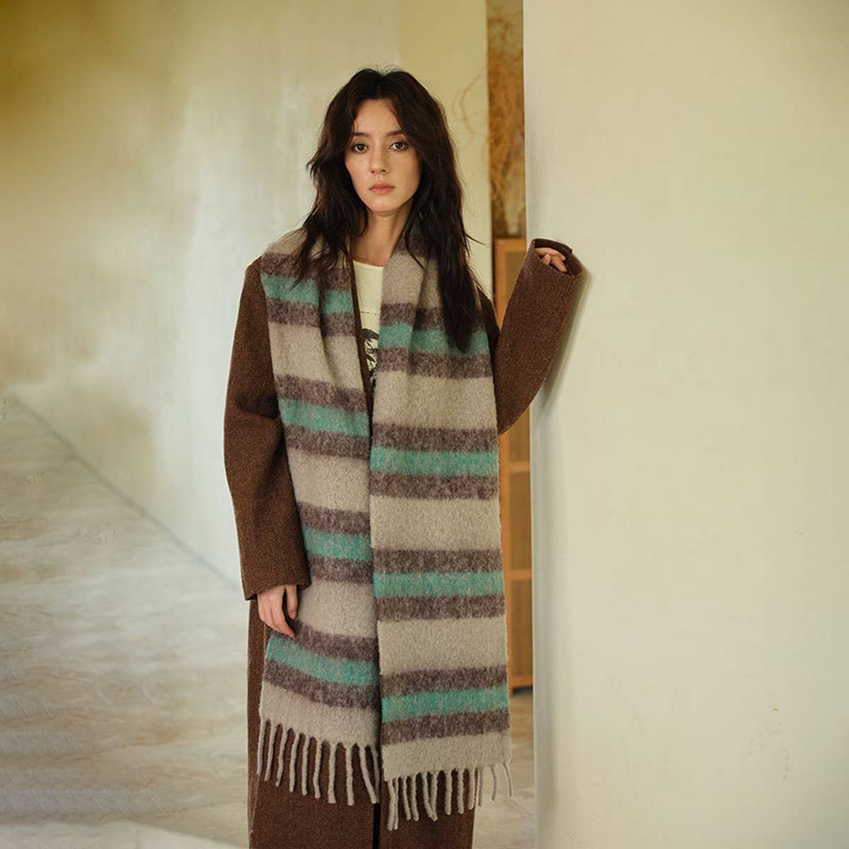 Wool Blend Stripe Scarf ??Soft Narrow Winter Wrap_CWASC2356