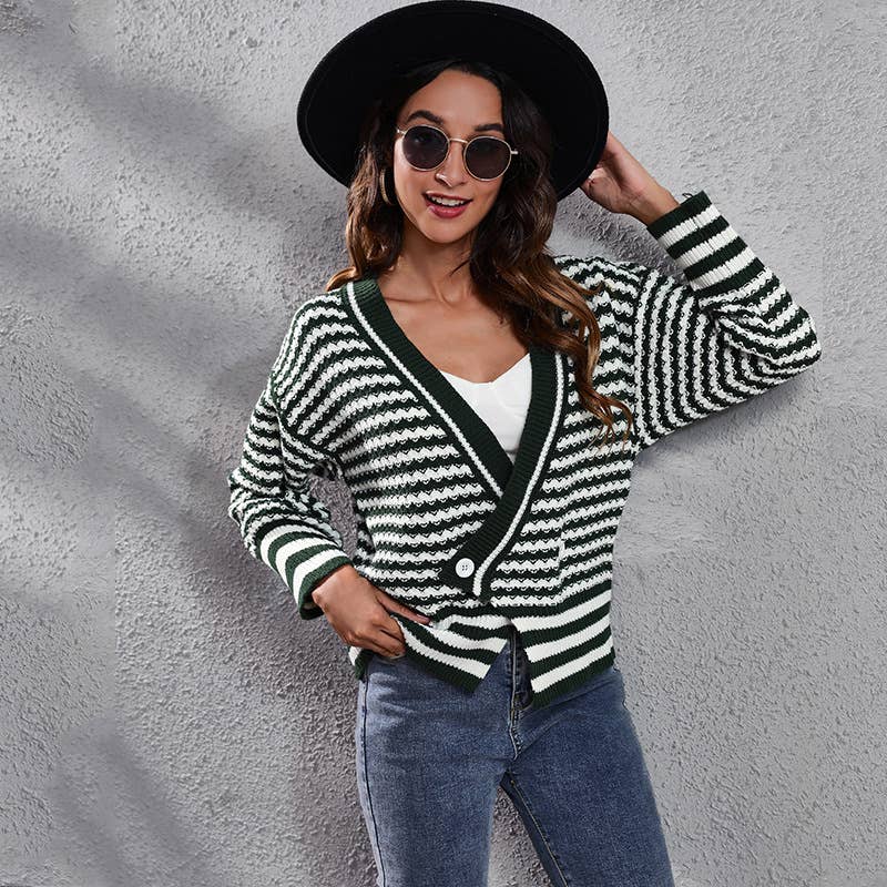 Striped V-neck long-sleeved cardigan sweater