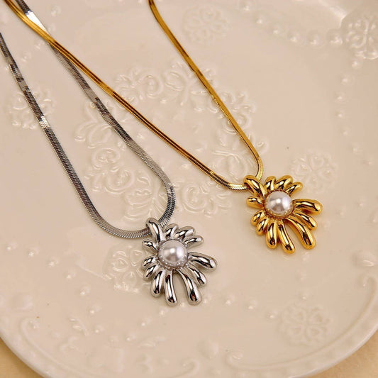 Solid Sunflower Necklace with Pearl Snake Chain_CWMM8879