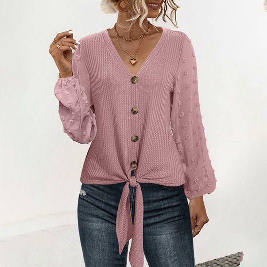 V-NECK KNOTTED JACQUARD PATCHWORK SLEEVE SWEATER