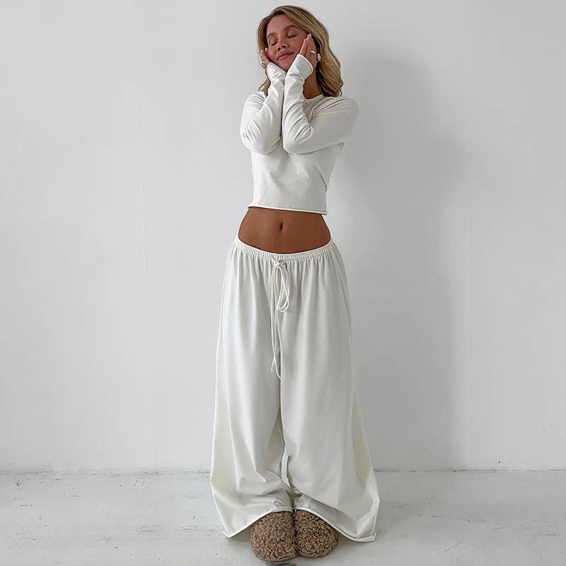 Round-neck solid crop top wide-leg pants set