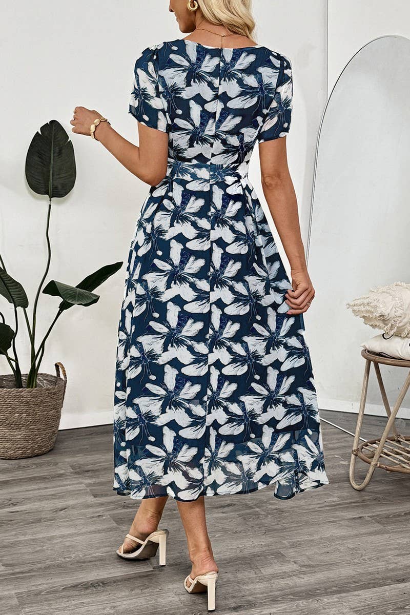 CWDMD5796_VINTAGE FLORAL SQUARE NECK WAISTED DRESS