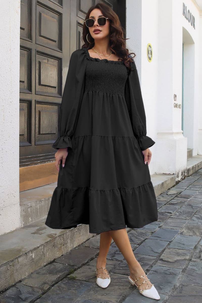 CWDMD3954_OFF-THE-SHOULDER DRESS WITH FLARED SLEEVES LONG