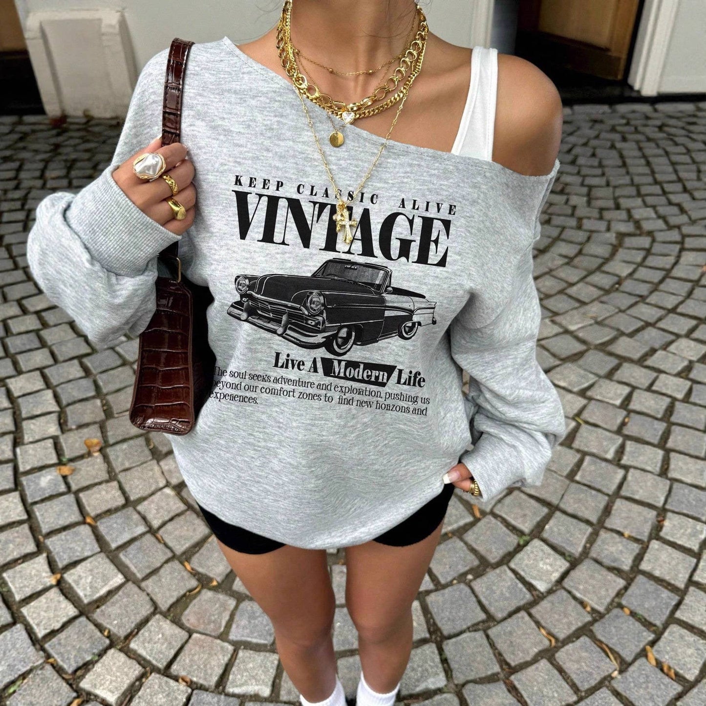 Letter-printed off-the-shoulder loose hoodie
