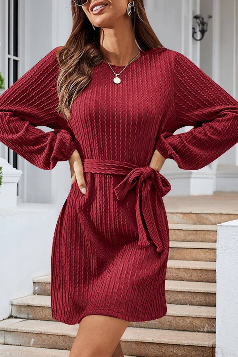 CWDSD7222_NEW STYLE CABLE KNITTED PUFF SLEEVE CASUAL DRESS