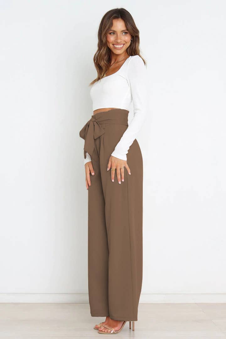 WOMEN TIED WAIST WIDE LEG OFFICE WORK PANTS