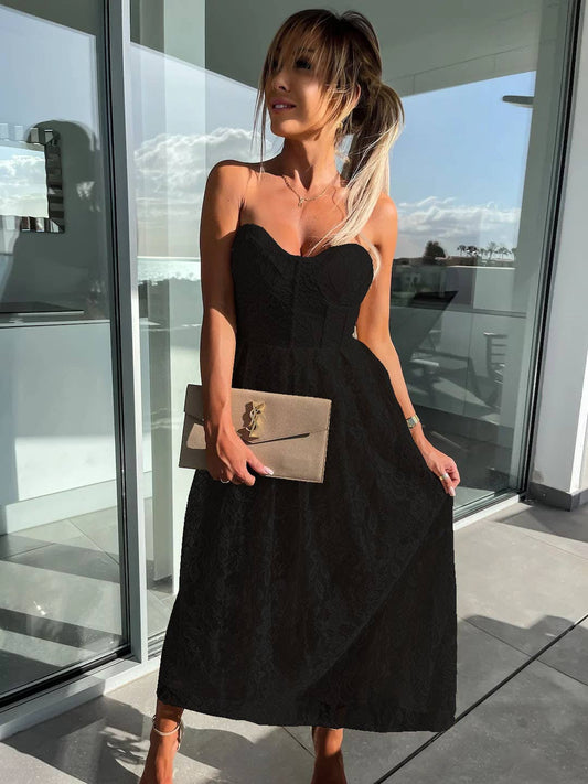 SEXY BREAST WRAP LACE LONG SOLID COLOR DRESS