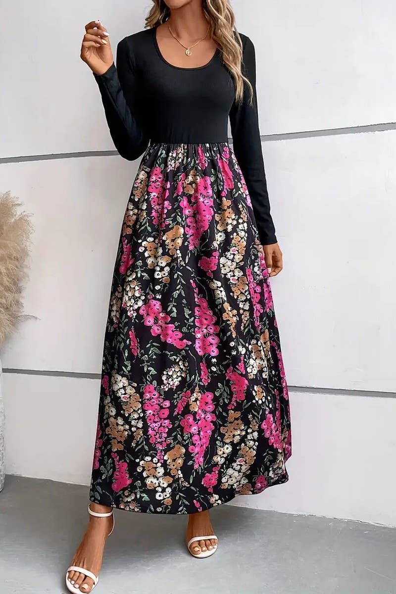 CWDMD01206_FLORAL PRINT COLORBLOCK LONG-SLEEVED DRESS