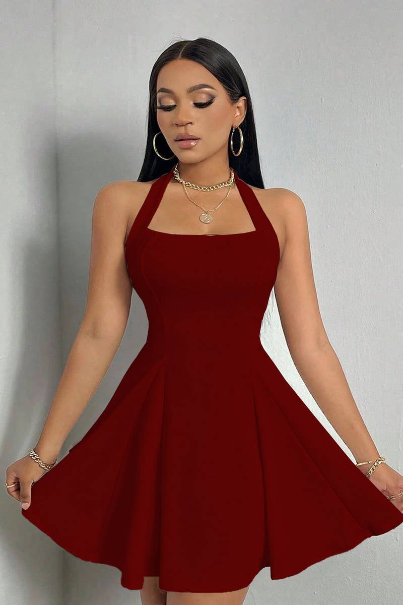 CWDHL1022_SEXY HALTER BACKLESS CINCHED WAIST A-LINE DRESS