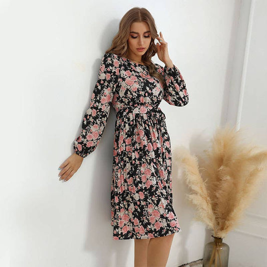 PRINTED CREW NECK SLIM WAIST SHORT DRESS