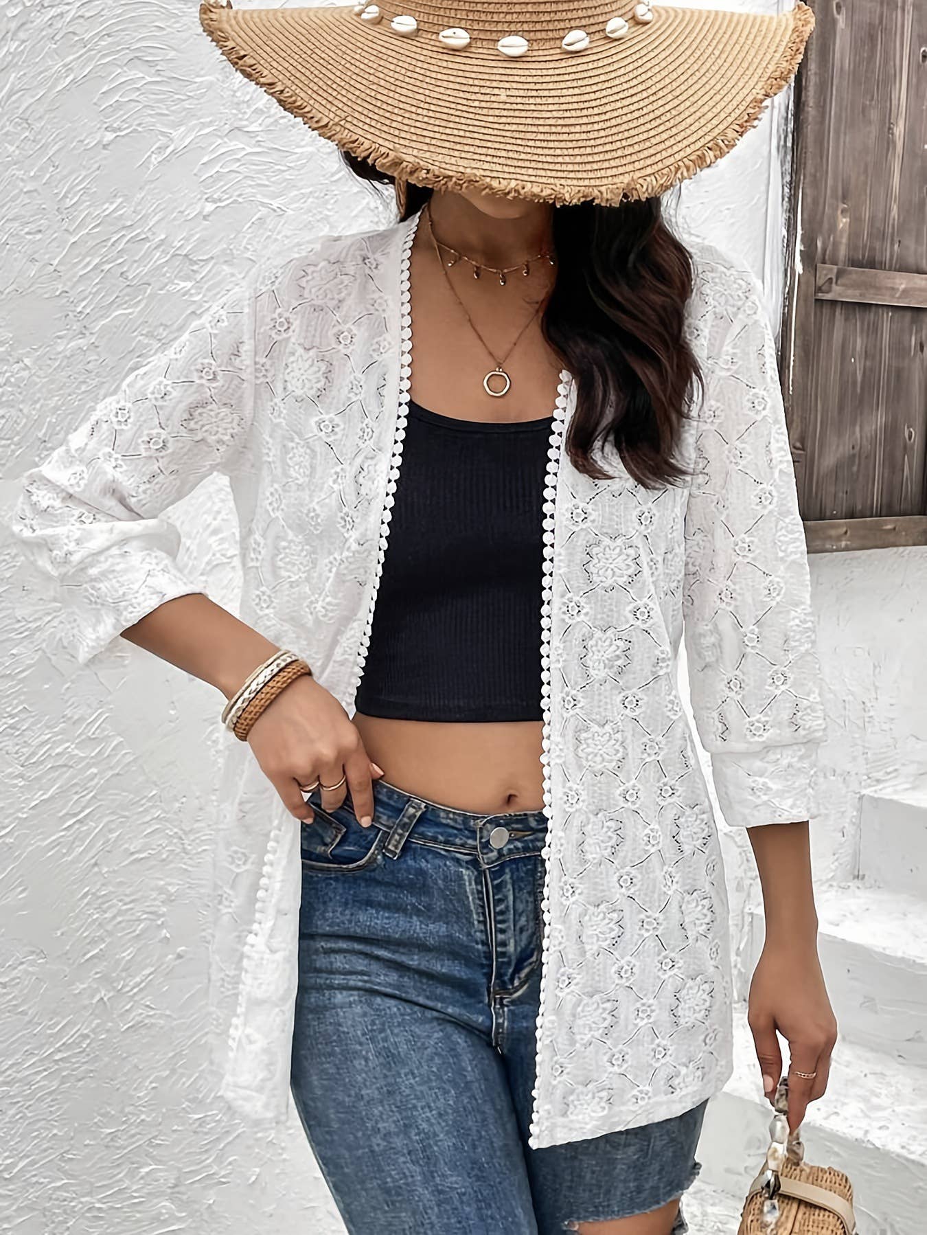 Elegant solid-color lace patchwork cardigan