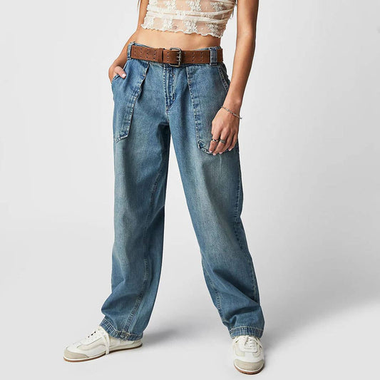 WASHED HEAVY DUTY WAIST STRAIGHT LEG POCKET JEANS