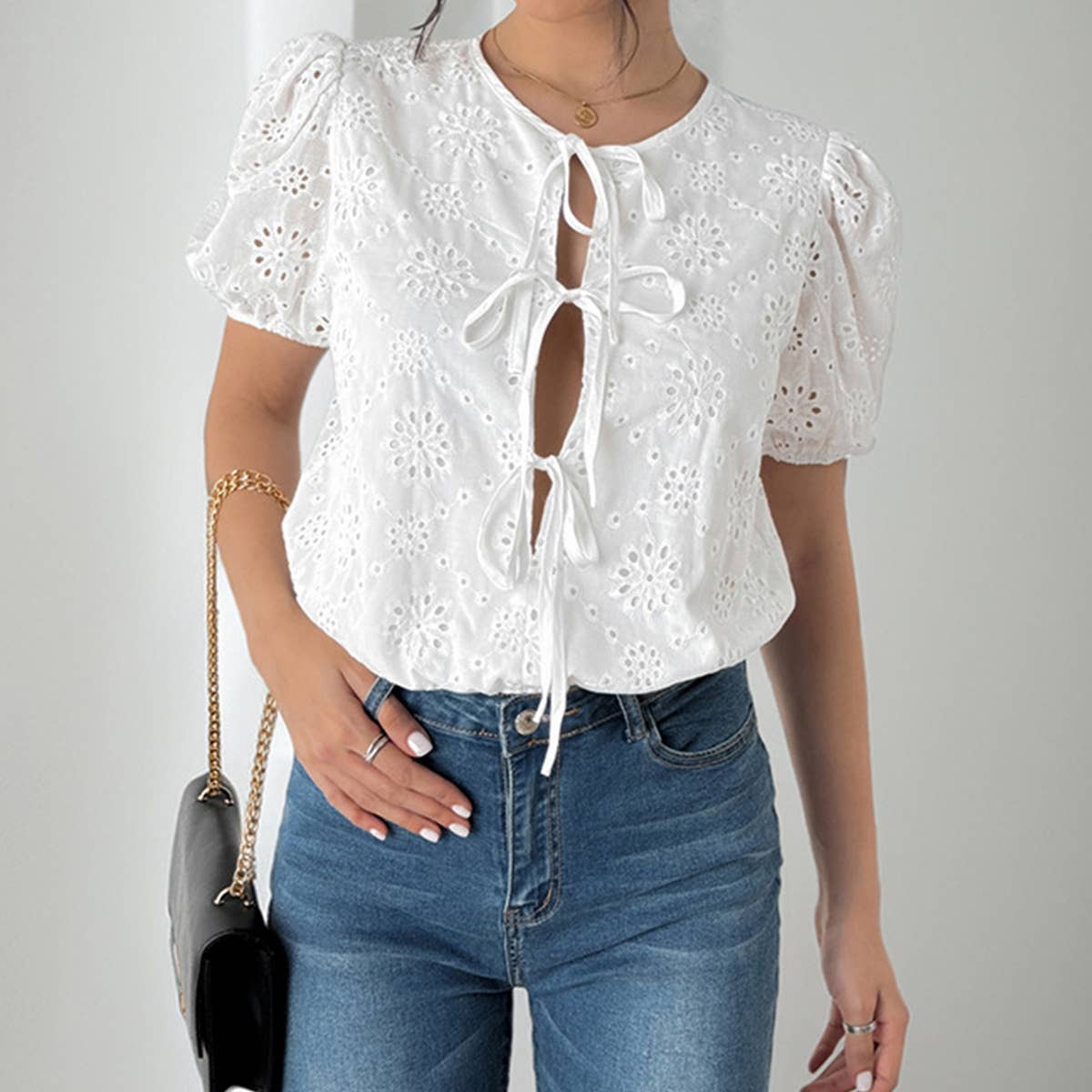 Tie front puff sleeve eyelet lace bodysuit