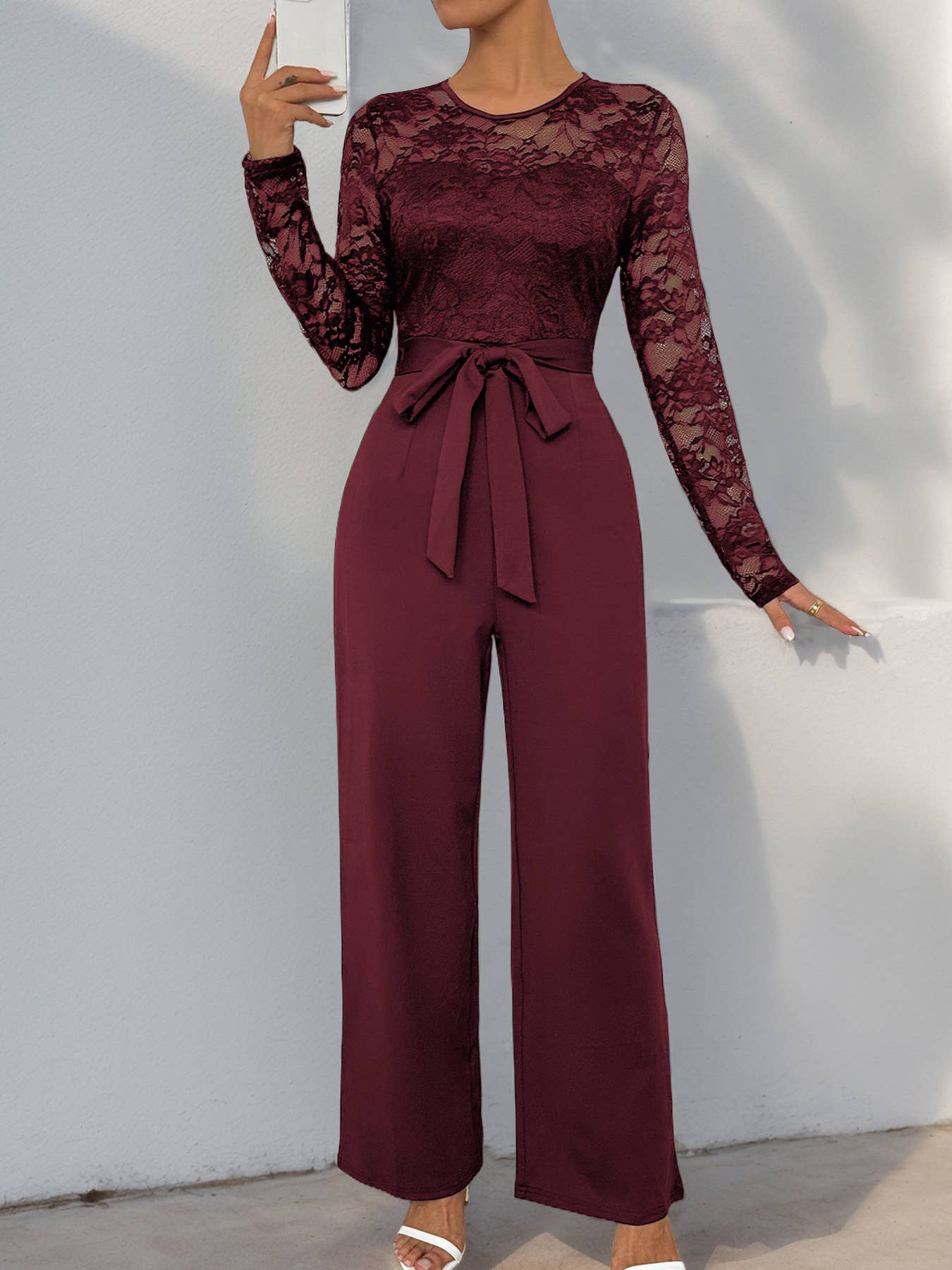 Lace-spliced zipper lace-up solid color jumpsuit