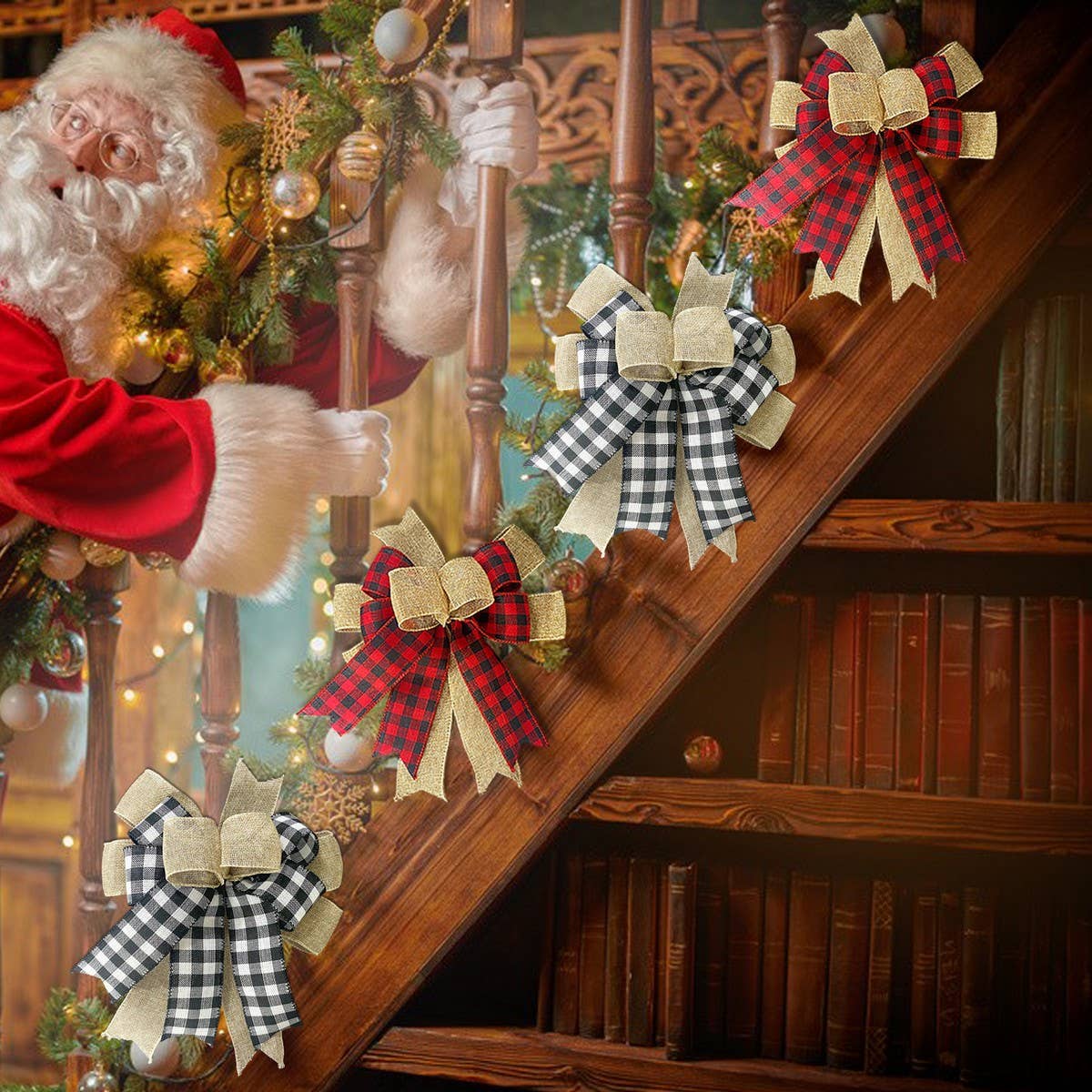 CWMM10295_PLAID CHRISTMAS RIBBON BOW BLACK WHITE RED BURLAP