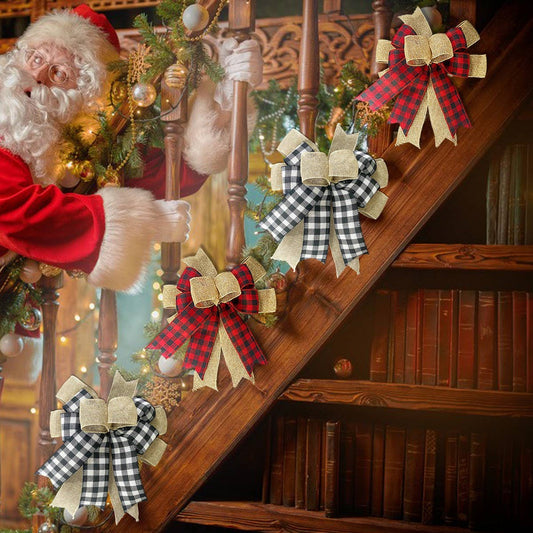 CWMM10295_PLAID CHRISTMAS RIBBON BOW BLACK WHITE RED BURLAP