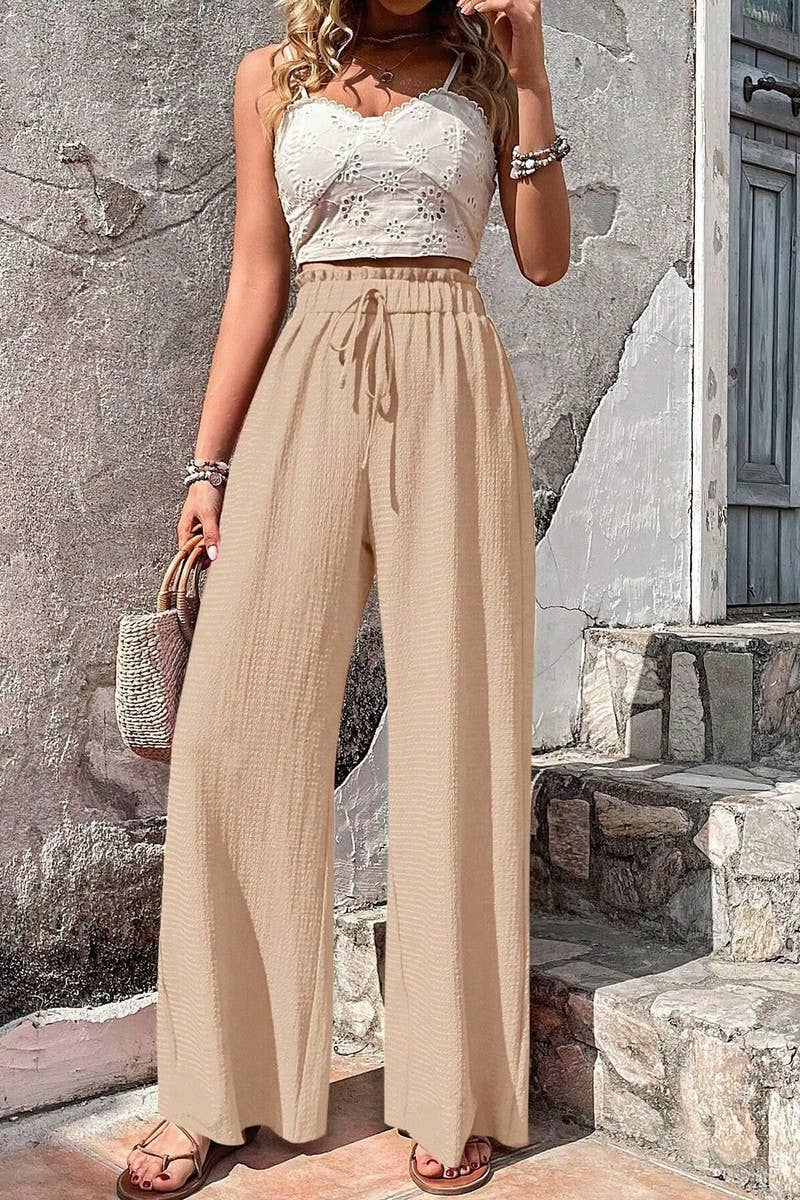 CWBLP1867_FASHIONABLE BUBBLE PLAID CASUAL WIDE-LEG PANTS
