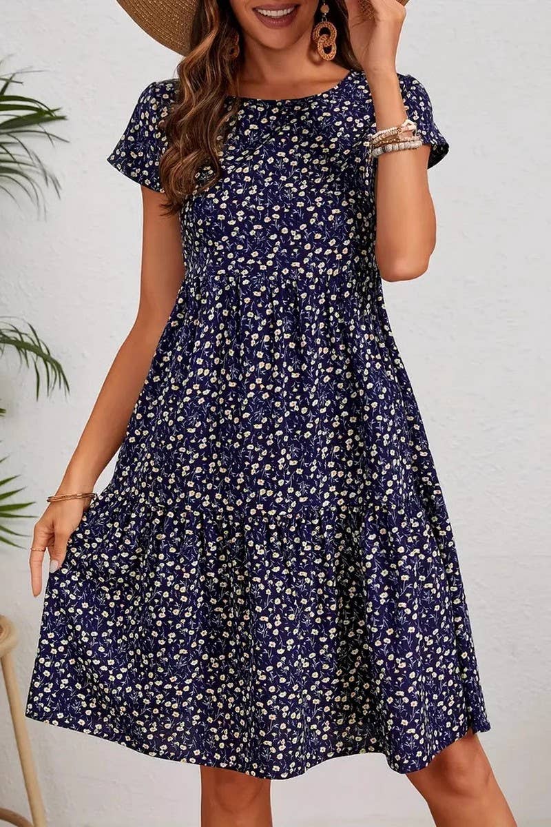 CWDMD5595_SPRING AND SUMMER PRINTED ROUND NECK DRESS