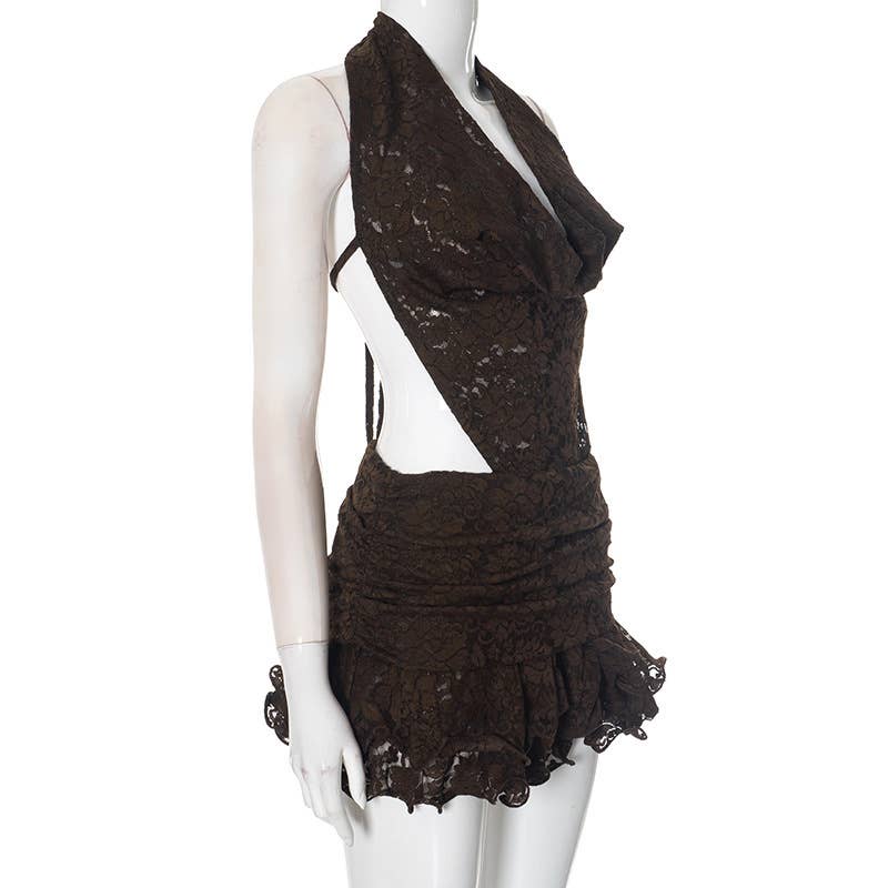 Lace Halter Backless Mini Dress