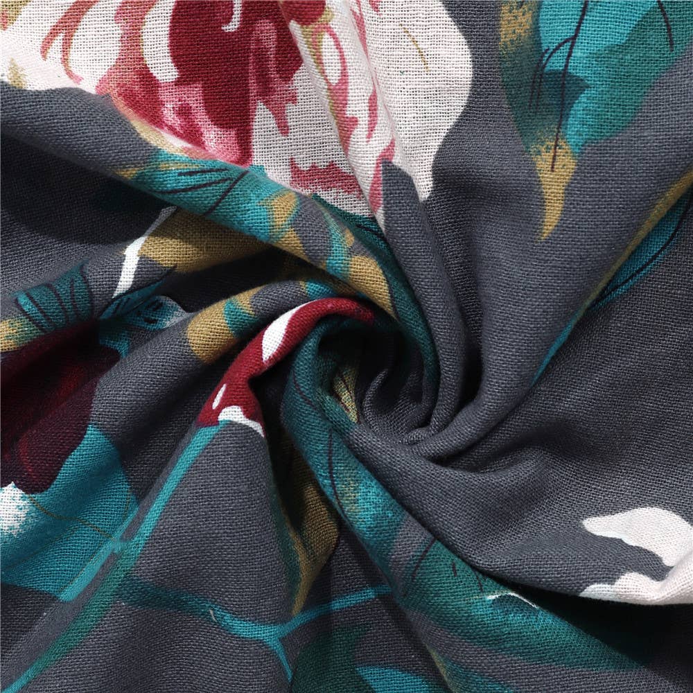 SHORT SLEEVE COTTON AND LINEN FLORAL PRINT DRESS