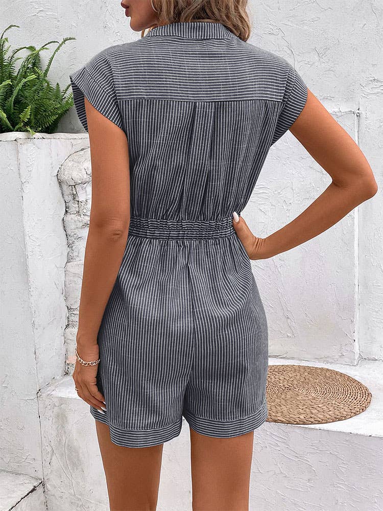 PINSTRIPE LACE-UP SHORT-SLEEVED JUMPSUIT