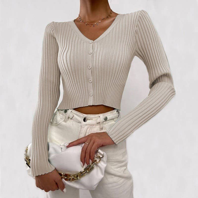 V-NECK PIT STRIP SINGLE BREASTED SHORT CARDIGAN