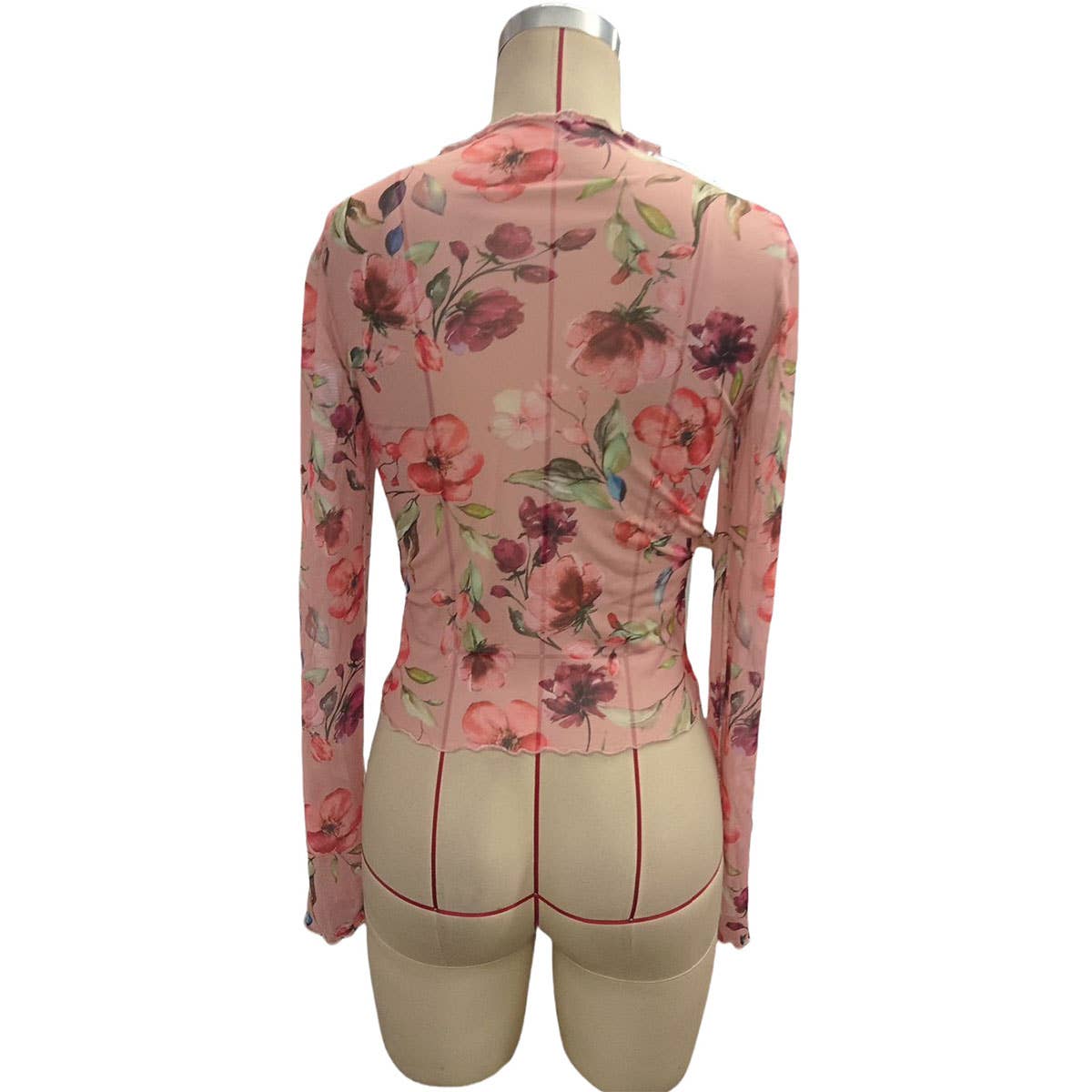 SEMI SHEER FLORAL PRINT MESH LACE SLIM FIT TOP